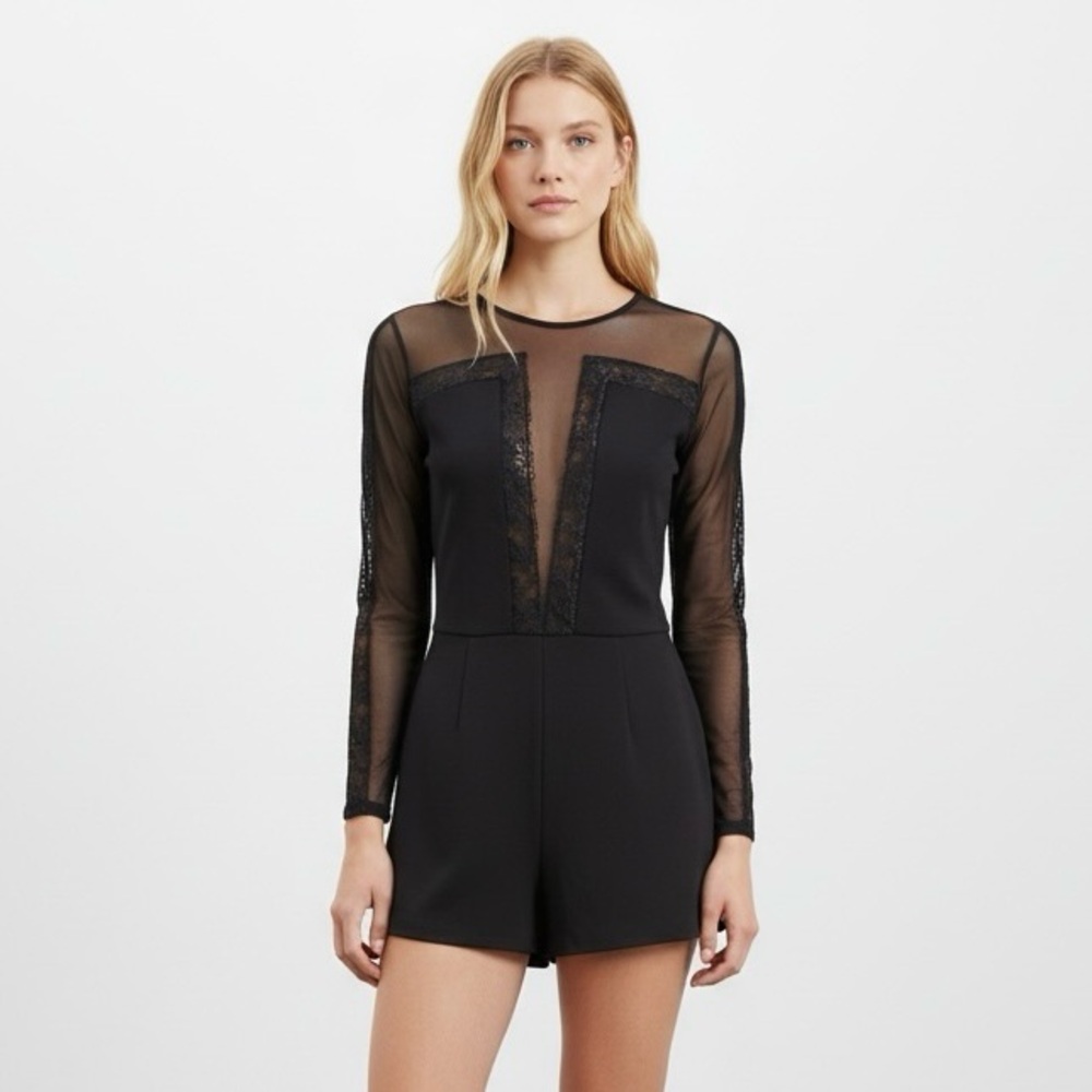 Guess Long Sleeve Mesh and Lace V-Neck Black Romper